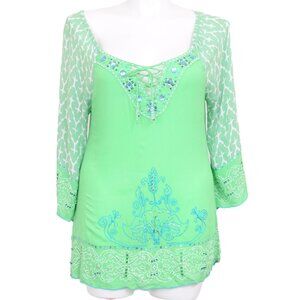 KRISTA LEE Peasant Bohemian Colorful Sequins Embroidered Tunic Blouse Size L